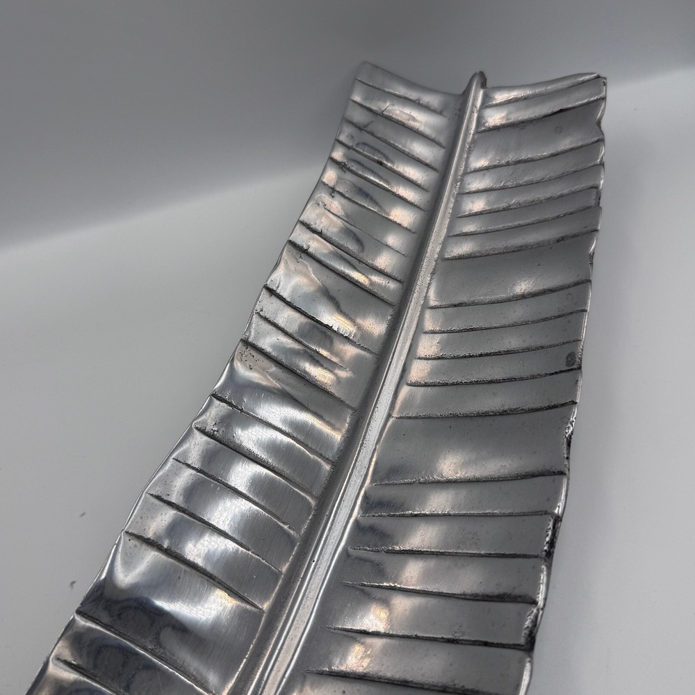 Large Silver Tone Metal Banana Leaf Decorative Tray Tropical Centerpiece Platter